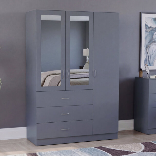 Modern 3 Door 3 Drawer Mirrored Wardrobe with Hanging Rail for Bedroom Storage & Organisation