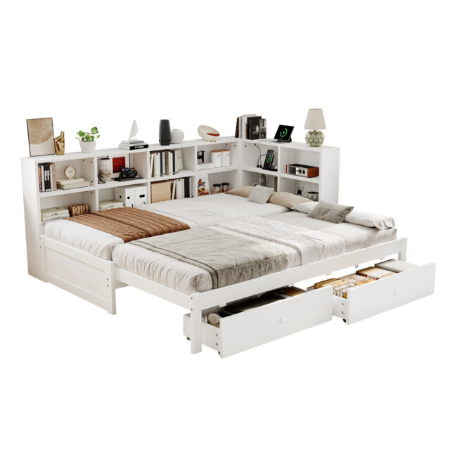 3ft Single Daybed With 2 Storage Drawers & Trundle, Pull-out Bed With Charging Station, White Wood Frame, 90x190cm, Mattress Not Included