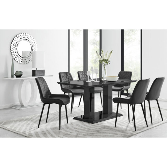 Edzard Double Pedestal High Gloss Dining Table Set with 6 Luxury Velvet Dining Chairs