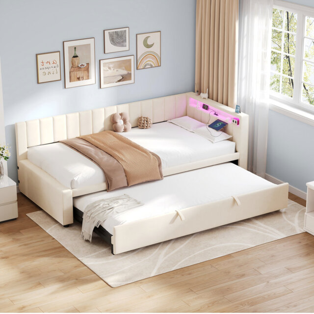 3ft Velvet Daybed With Usb, Led And Trundle Bed Beige