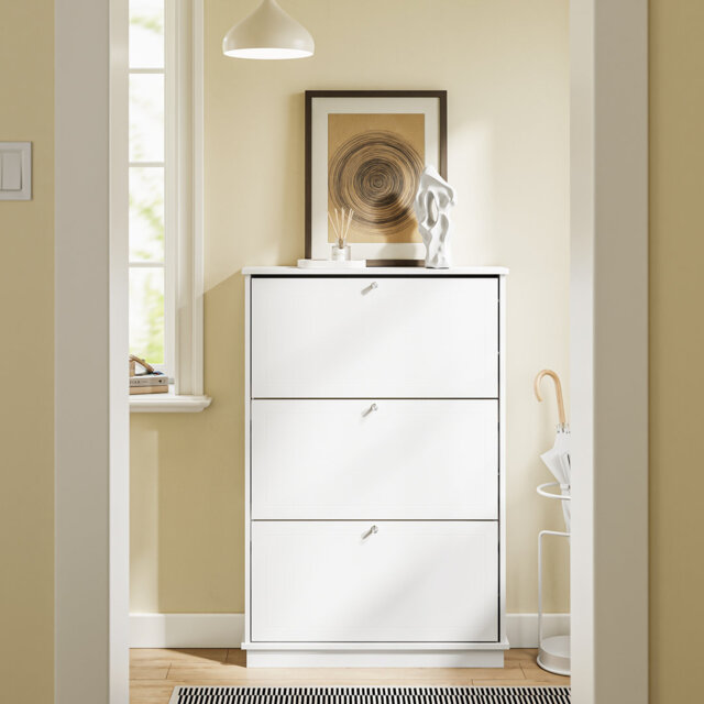 Slim Shoe Storage Cabinet With 3 Flip Drawers, Ultra Narrow 19Cm Shoe Rack Cabinet, Wooden Cupboard For Hallway Entryway