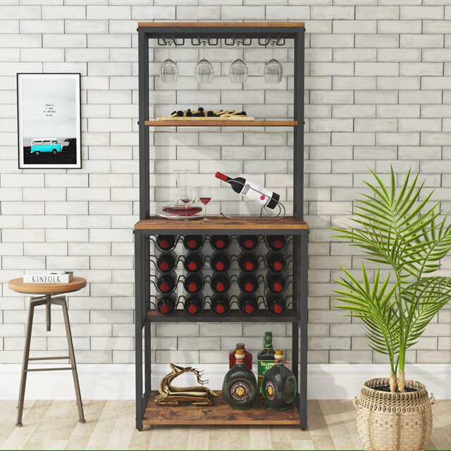 VINGLI Bakers Rack With Mini Fridge Space, Big Drawer, Wine Rack - 4-Tier Kitchen Storage & Workstation