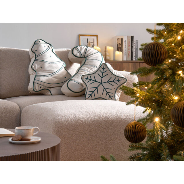 Set of 3 Decorative Cushions JOLLYTRIO Velvet 35 x 70 cm 40 x 60 cm 40 x 40 cm Light Beige Christmas Motif