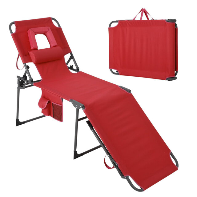 Comfortable Folding Patio Tanning Chair with Face Hole – 5-Position Adjustable Backrest, Pillow, Side Pocket, Portable Outdoor Chaise Lounge for Garde
