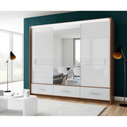 Bonnielee 255cm Wardrobe - Walnut & White Gloss with Mirror and Ambient LED Lighting