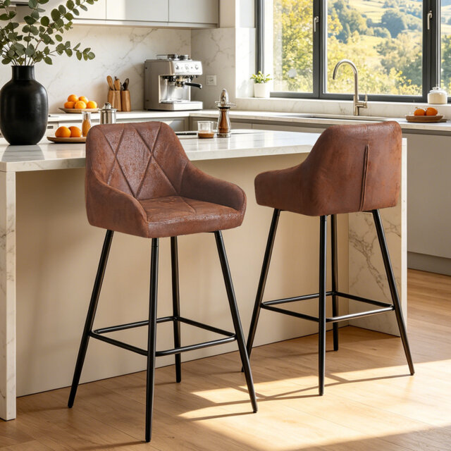 69cm High Suede Bar Stool Diamond Tufted Back with Metal Frame Counter Stool