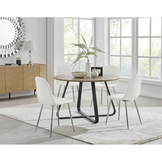 Sandy Classic Wood Effect and Metal Dining Table Set with 4 Luxury Faux Leather Dining Chairs