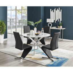Tierra Modern Chrome Metal & Glass Round Dining Table Set with 4 Modern Design Faux Leather Chairs