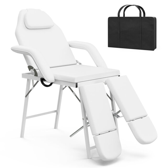 Portable Beauty Bed, 3 Section Adjustable Split Legged Massage Chair, Folding Salon Tattoo Chair Facial Spa Lash Bed With Storage Bag,White