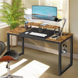 Vintage Home Office Desk, Writing Desk with Sturdy Steel Frame & Movable Monitor Stands,  Rectangle Computer Desk, 140 cm L × 60 cm W