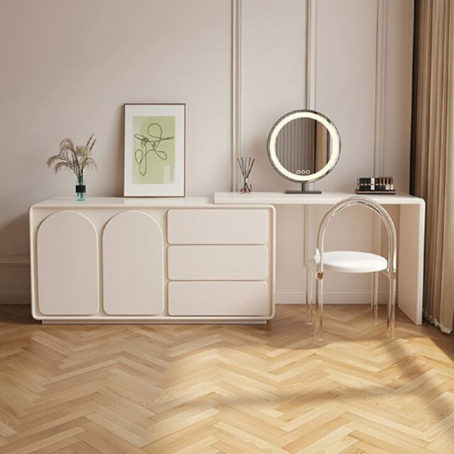 Pre Assembly Scalable 55.11 '' -105 '' Makeup Vanity, Modern Vanity Desk with Storage Space, Cream Dressing Table with L-Shape or Straight Layout for