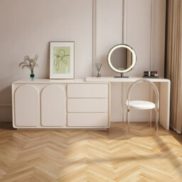 Pre Assembly Scalable 55.11 '' -105 '' Makeup Vanity, Modern Vanity Desk with Storage Space, Cream Dressing Table with L-Shape or Straight Layout for