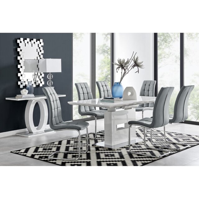 Alezzo Modern High Gloss Extendable Dining Table Set with 6 Modern FauxLeather Dining Chairs