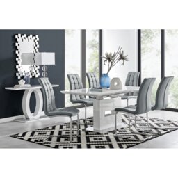 Alezzo Modern High Gloss Extendable Dining Table Set with 6 Modern FauxLeather Dining Chairs
