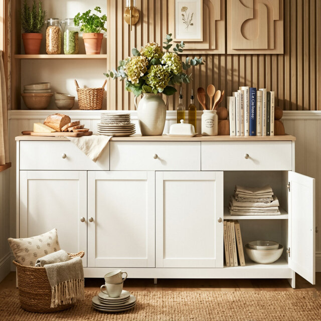 160cm Farmhouse Sideboard Buffet, 4-Door Storage Console with 3 Drawers & Adjustable Shelves, White & Oak