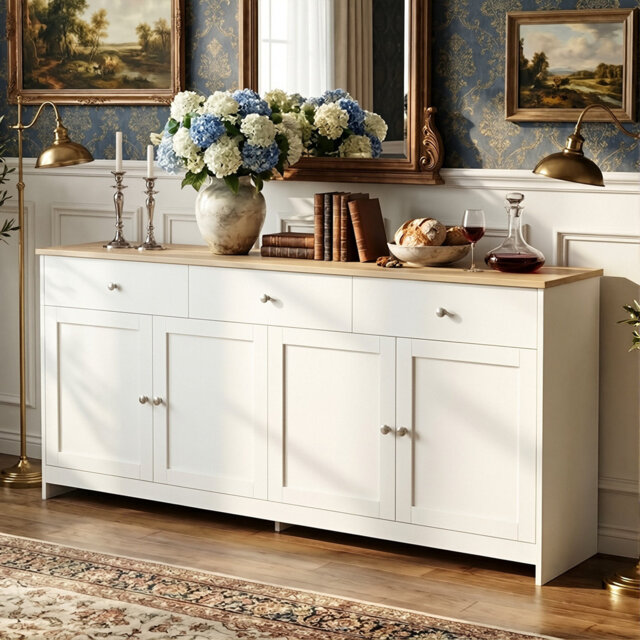 160cm Farmhouse Sideboard Buffet, 4-Door Storage Console with 3 Drawers & Adjustable Shelves,  White & Oak