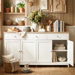 160cm Farmhouse Sideboard Buffet, 4-Door Storage Console with 3 Drawers & Adjustable Shelves,  White & Oak