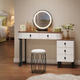 Dressing Table With Led Lights Mirror And Stool, 3-Colour Dimmable, Vanity Desk, Makeup Desk With 5 Drawers, Flexible Assembly, Bedroom Dresser With M