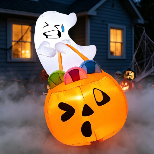 5 FT Tall Halloween Inflatable Cute Ghost Holding Pumpkin Candy Bag, Blow Up Yard Decoration with Built-in LEDs, Indoor & Outdoor Halloween Decor for