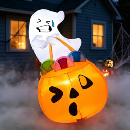 5 FT Tall Halloween Inflatable Cute Ghost Holding Pumpkin Candy Bag, Blow Up Yard Decoration with Built-in LEDs, Indoor & Outdoor Halloween Decor for
