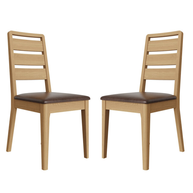 Daris Dining Chairs - Pair of 2. Ladder Back. Brown Faux Leather Padded Seat.