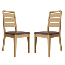 Daris Dining Chairs - Pair of 2. Ladder Back. Brown Faux Leather Padded Seat.