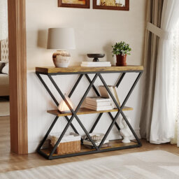 Slim 3-Tier Console Table with Open Storage Shelves – Rustic Farmhouse Entryway Sofa Table – X-Shaped Metal Legs – Space-Saving Living Room or Hallway