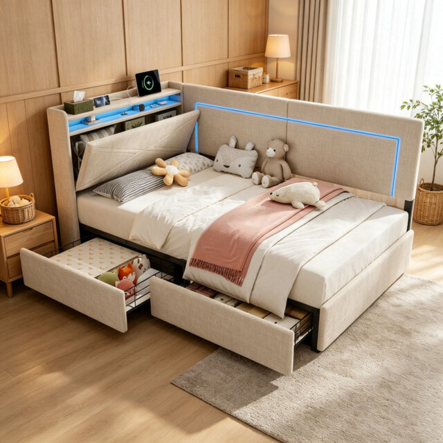 3ft Single Daybed Frame with 2 Storage Drawers, RGB LED Headboard with USB & Type-C Charging Station, Hidden Headboard Storage, Modern Linen Upholster