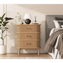 3 Drawer Dresser, Chest of Drawers for Bedroom, Mid Century Modern Nightstand, Spacious Storage Wicker Dresser with Matte Black Handles and Wood Legs