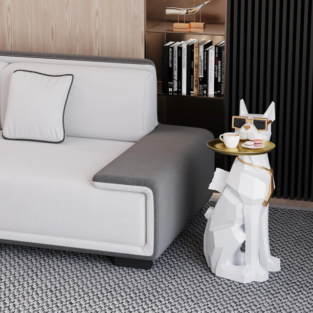 Modern Resin Dog Sculpture Cute End Table Side Table with Metal Storage Tray Tissue Box