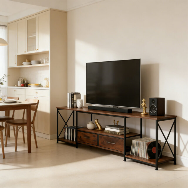 Industrial TV Stand Cabinet, TV Unit With 2 Chest Of Drawers & Open Storage Shelves, Entertainment Console For Living Room