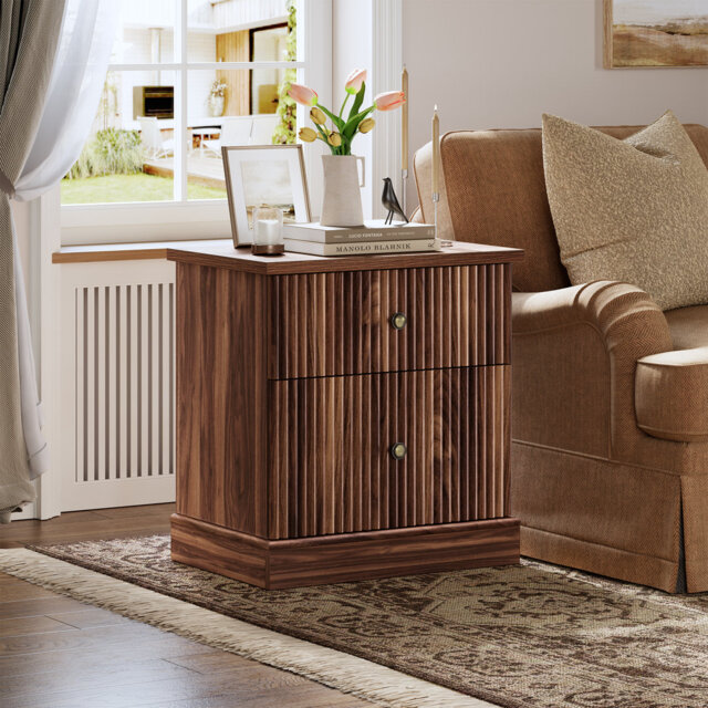 Fluted Nightstand with Drawers, Mid Century Modern Bedside Table for Living Room, Light Wood Nightstand with Storage, Space Saving Side Table with Cur