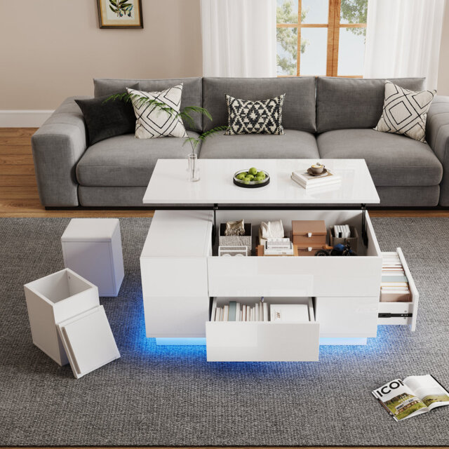 Lift Top Coffee Table With Storage, High Gloss Coffee Table With Drawer, Living Room Table Height Adjustable With LED