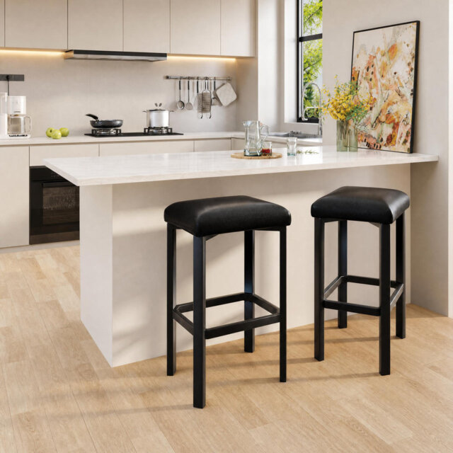 "Modern PU Leather Bar Stools Set of 2 – 24"" Counter Height Backless Chairs with 2"" Thick Padded Seats – Heavy-Duty Metal Frame, Footrest, Easy Assembl"