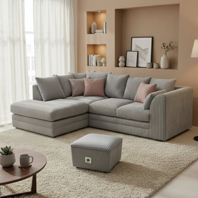 Jumbo Cord Upholstered Corner Sofa Small Back Cushion with Foot Stool