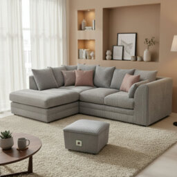 Jumbo Cord Upholstered Corner Sofa Small Back Cushion with Foot Stool