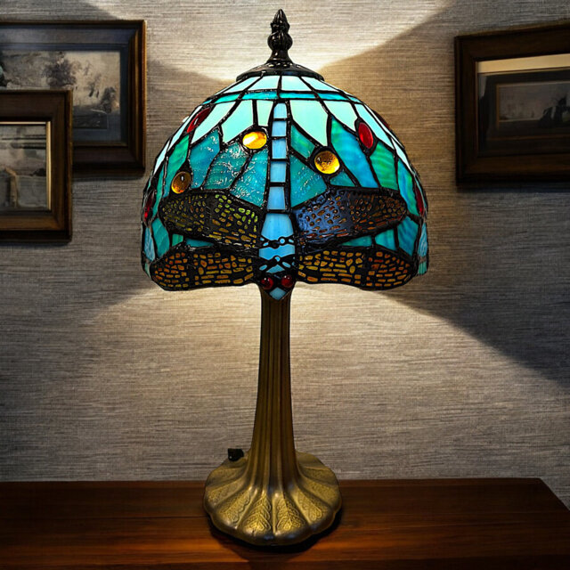 Classic Tiffany Style Table Lamp, 20cm Stained Glass Dragonfly Shade, 37cm Height, (Aqua Blue)