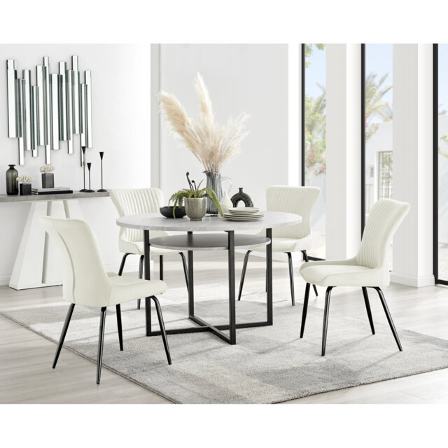 Round Wood Veneer & Matte Black Dining Table With Storage Shelf & 4 Luxury Velvet Dining Chairs