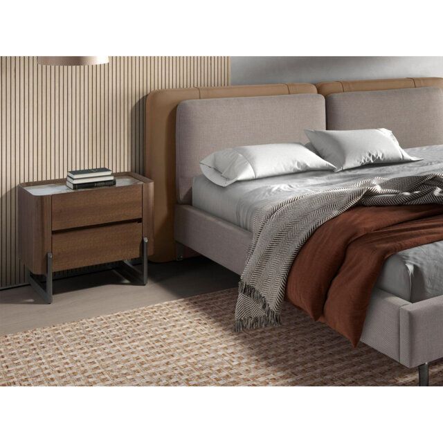 Walnut and metallised dark steel bedside table with porcelain marble top