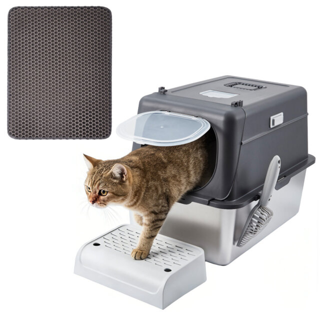 Enclosed Stainless Steel Cat Litter Box, Dark Grey 201 Steel Easy-Clean Cat Toilet Tray, High-Sided 15 cm or 20 cm Depth, Odour-Resistant Durable Litt