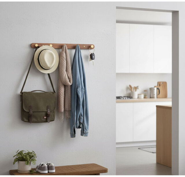"19.3"" Walnut Gold Matt Metal-Wood Wall Mount Coat Rack - 5 Rustic Hooks"