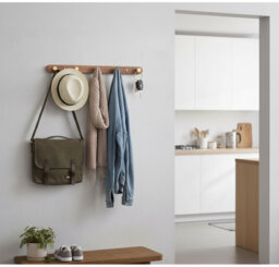 "19.3"" Walnut Gold Matt Metal-Wood Wall Mount Coat Rack - 5 Rustic Hooks"