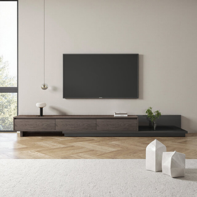 Tv Cabinet With 3 Drawers – Extendable Tv Unit Adjustable From 200cm To 330cm, Grey Tv Stand For Charnell