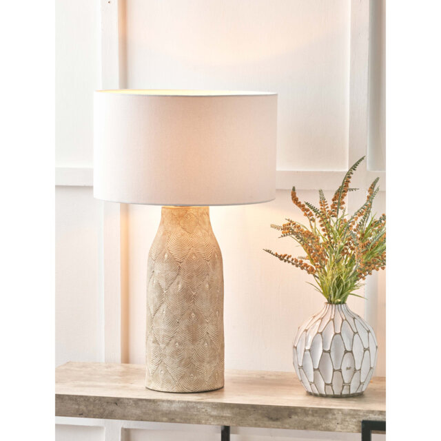 Palawan Stone Grey Feather Stoneware Table Lamp Base with Henry 40cm White Handloom Cylinder Lampshade