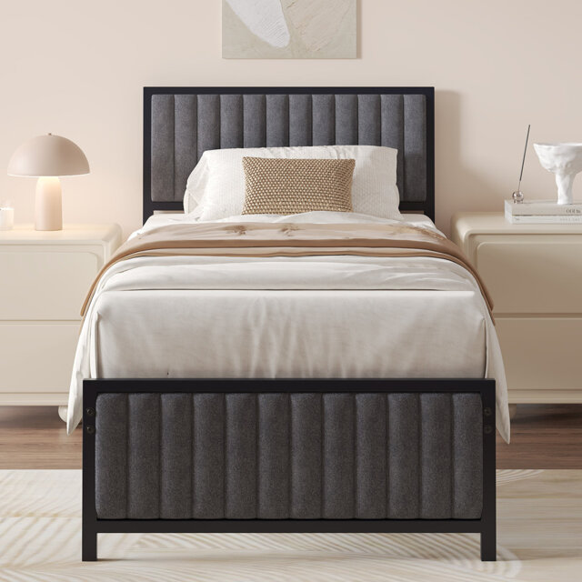 Metal Platform Bed Frame With Upholstered Headboard And Footboard, Heavy Duty Steel Slats Platform Bed, No Box Spring Needed