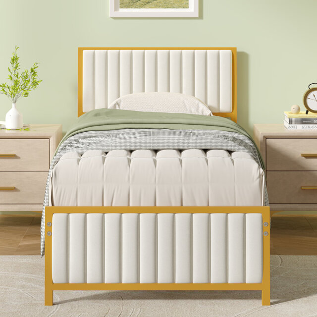 Metal Platform Bed Frame With Upholstered Headboard And Footboard, Heavy Duty Steel Slats Platform Bed, No Box Spring Needed