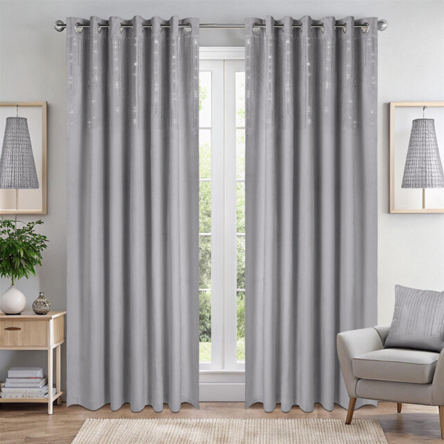 Triple Woven Blackout Velvet Ring Top Curtains with Cascading Diamante Studs