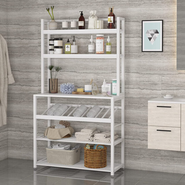 6-Tier Kitchen BakerS Rack With Storage And Wine Rack, Industrial Microwave Cart Kitchen Stand With Hutch, 6 Hooks, Free Standing Kitchen Utility Stor
