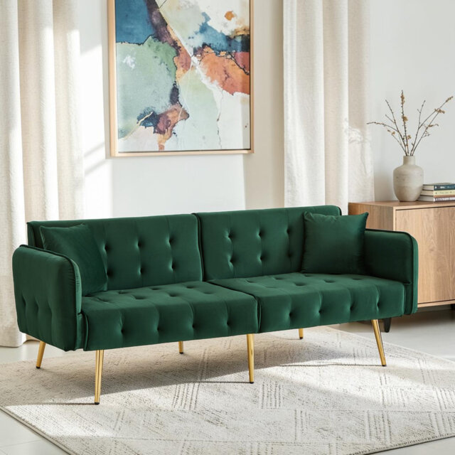 Bosco Velvet Upholstery 2-Seater Sofa Bed, Adjustable Backrest + Multi-Position Armrests