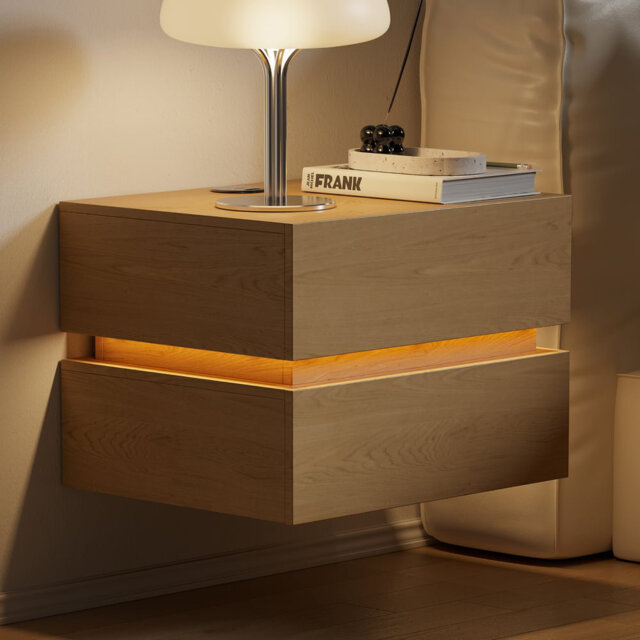 Modern Floating Bedside Table With 2 Drawers, Led Light & Wireless Charging
